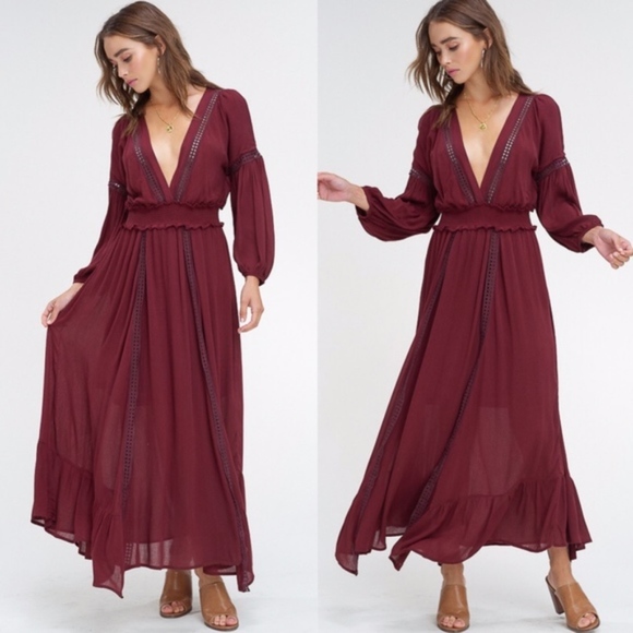 Luce Burgundy Plunging Neck Long Sleeve Maxi Dress - Picture 2 of 3